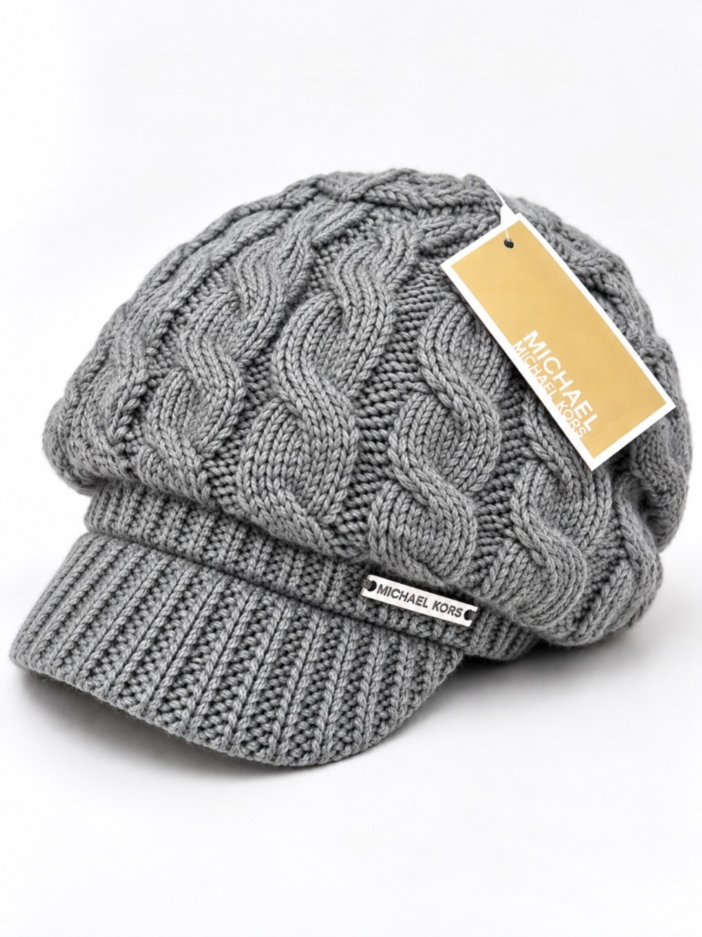 Michael Kors Cable Knit Newsboy Visor Cap Gray Winter Hat One Size NWT